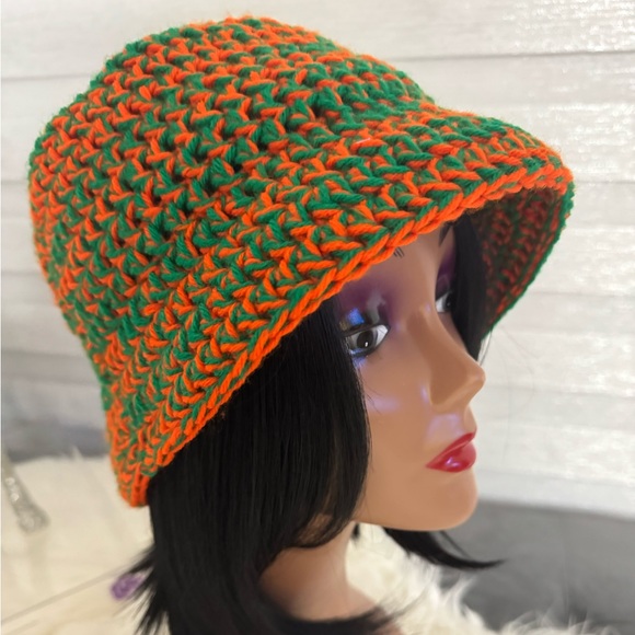 Handmade Crochet bucket hat in orange and green - Picture 1 of 6
